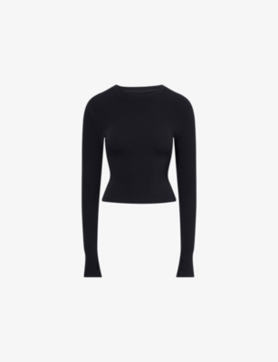 Bo+tee Womens Black Thermal Long-sleeve Stretch-rib Top