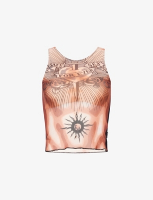 Jean Paul Gaultier Womens  Tattoo-pattern Semi-sheer Mesh Top In Brown
