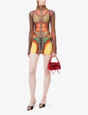 JEAN PAUL GAULTIER: High-Neck Graphic-Pattern Mesh Top