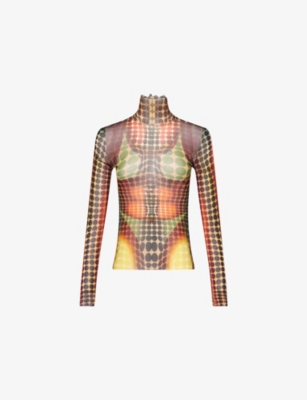 Jean Paul Gaultier Womens  High-neck Graphic-pattern Mesh Top In Brown