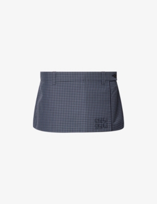 Miu Miu Womens Bleu Brand-appliqué Checked Cotton-blend Mini Skort In Blue