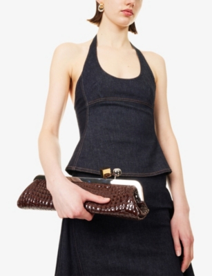 Jacquemus La Pochette Salon Crocodile-effect Glossed Leather Clutch In Brown