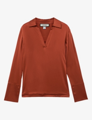 Reiss Womens Marina Open-collar Silk Blouse Rust Orange