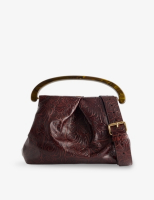Dries Van Noten Womens Wood Flower-embroidered Pleated Leather Top-handle Bag In Brown