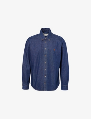 Mens Ami Paris Logo-Embroidered Contrast-Stitch Denim Shirt