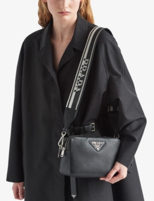 Prada Womens Black Enamelled -logo Small Leather Cross-body Bag In Black