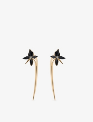 SHAUN LEANE: Black Orchid Flower 18ct Yellow-Gold Vermeil And Diamond Hook Earrings