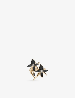 SHAUN LEANE: Black Orchid 2 Flower Yellow Gold Vermeil-Plated 925 Sterling Silver and Diamond Ring