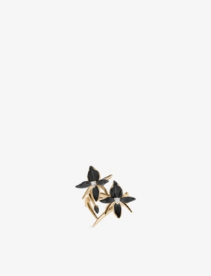 SHAUN LEANE: Black Orchid 2 Flower Yellow Gold Vermeil-Plated 925 Sterling Silver and Diamond Ring