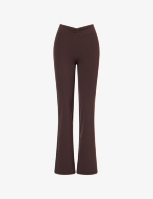 Bo+tee Womens Brown Flare V-shape-waist Stretch-woven Leggings