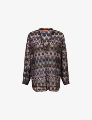 Missoni Womens Dark Brown Chevron-print V-neck Metallic-knit Blouse