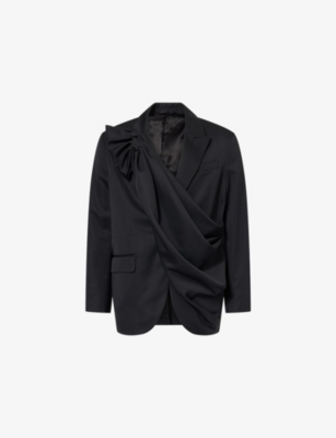 Simone Rocha Mens Black Flower Sash Gathered Woven Jacket