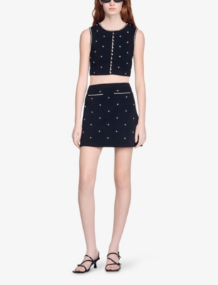 SANDRO: Rhinestone-Embellished Knitted Mini Skirt