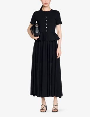 SANDRO: Peplum Short-Sleeved knitted Maxi Dress