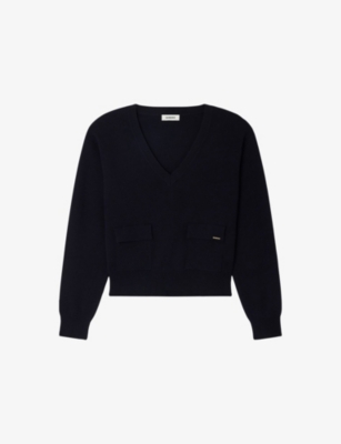 Sandro Womens Navy Blue V-neck Branded Wool Jumper