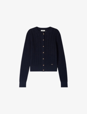 Sandro Womens Navy Blue Cropped Textured Knitted Cardigan