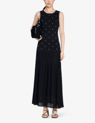 SANDRO: Rhinestone-Embellished Sleeveless Knitted Maxi Dress