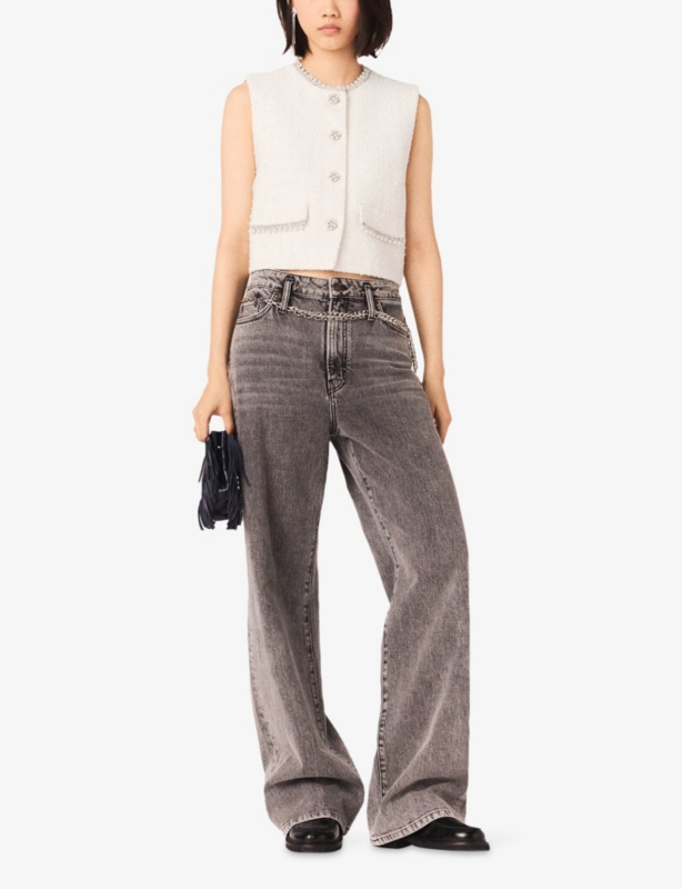 Sleeveless Bead-Embellished Tweed Jacket