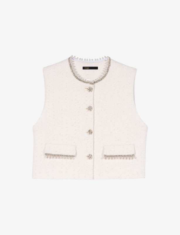 Sleeveless Bead-Embellished Tweed Jacket