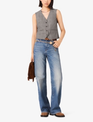 Maje Womens Grey Checked V-neck Stretch Wool-blend Waistcoat In Gray