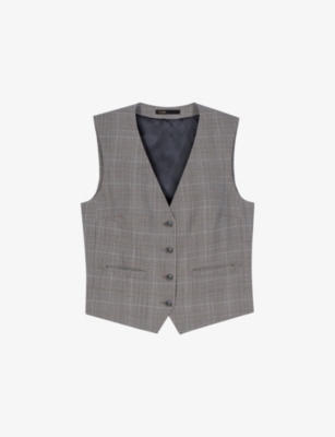 Maje Womens Grey Checked V-neck Stretch Wool-blend Waistcoat In Gray