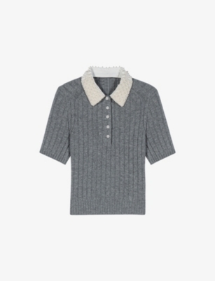 MAJE: Beaded Removable-Collar Stretch Wool-Blend Jumper