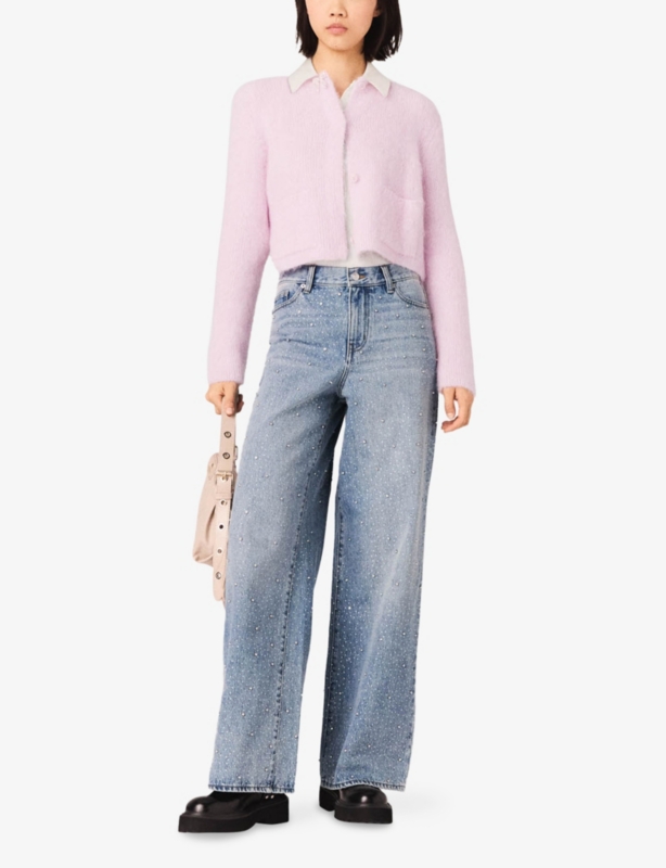 Bow-Embellished Ribbed Knitted Cardigan