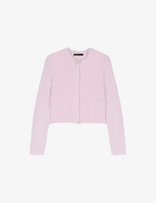 Bow-Embellished Ribbed Knitted Cardigan