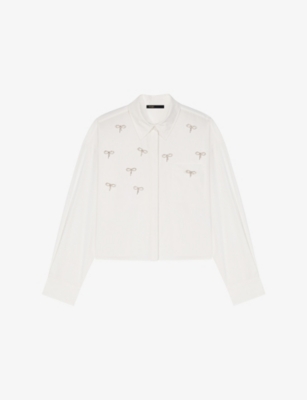 Maje Womens White Cropped Jewel-embellished Cotton Shirt