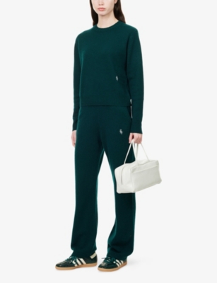 Sporty And Rich Womens Forest Wide-leg Embroidered-logo Cashmere-and-wool Jogging Bottoms In Green