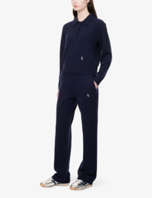 Sporty And Rich Womens Dark Navy Embroidered-logo Wide-leg Cashmere-and-wool Jogging Bottoms Xs In Blue