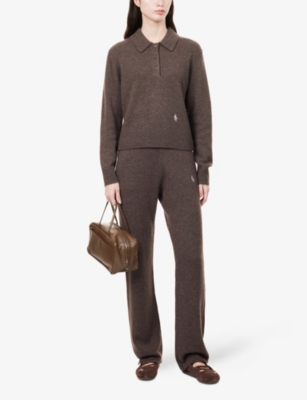 Sporty And Rich Womens Toffee Embroidered-logo Straight-leg Cashmere-and-wool Jogging Bottoms Xs In Brown