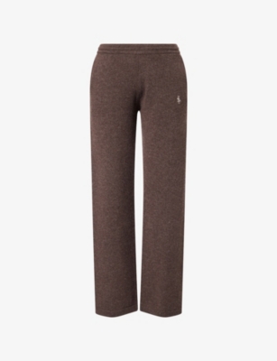 Sporty And Rich Womens Toffee Embroidered-logo Straight-leg Cashmere-and-wool Jogging Bottoms Xs In Brown