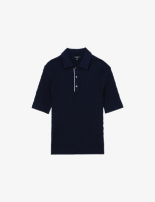 Reiss Mens Navy Era Short-sleeve Textured-knit Polo In Blue