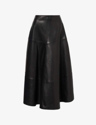 Nour Hammour Womens Noir Classique Opera Flared Leather Midi Skirt