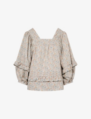 Skall Studio Womens Flower Field Hope Puff-sleeve Cotton Blouse