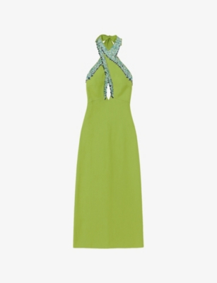 Womens Ro&Zo Beaded Halter-Neck Cotton-Blend Midi Dress