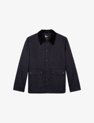 The Kooples Mens  Side-pocket Corduroy-collar Cotton Jacket In Blue