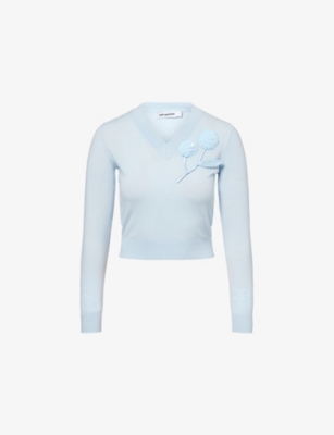 Self-portrait Womens Blue Rose Embellished Wool-blend Jumper