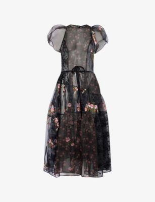 Simone Rocha Womens Black Patchwork Black Patch Flounce Sheer Organza Midi Dress 10