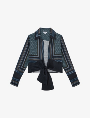 Reiss Womens Navy Ivory Jackson Tie-front Linen Top In Multi