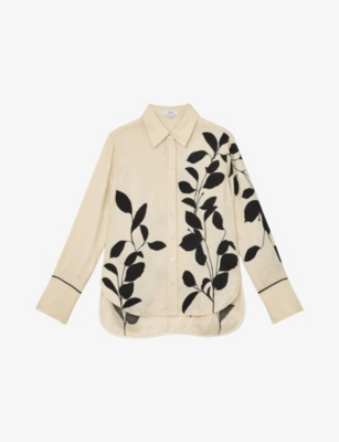 Reiss Womens Ivory Black Lyla Leaf-print Long-sleeve Woven Shirt