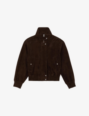 Womens Reiss Cara Funnel-Neck Suede Bomber Jacket