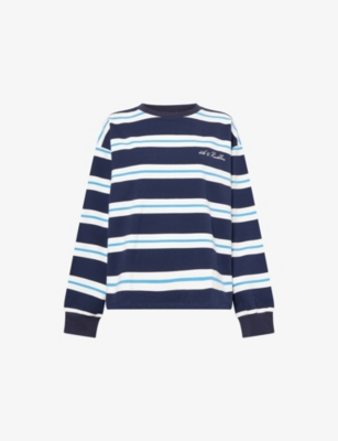 4th & Reckless Cotton Rich Embroidered Logo Crew Neck Oversized Long Sleeve Oversized T-shirt In Blue