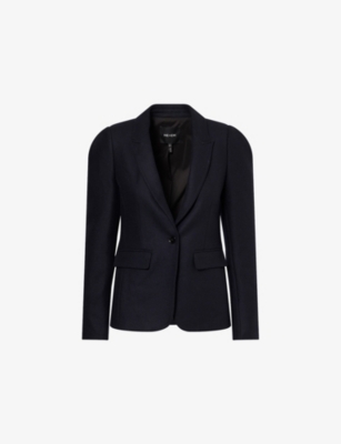 Me And Em And Em Womens Navy Puff-shoulder Single-breasted Wool-blend Blazer In Black
