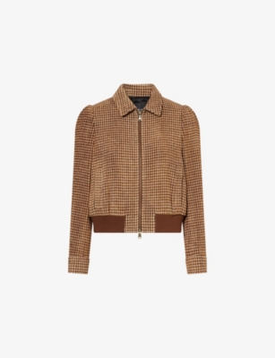 Me And Em Womens  Houndstooth Collared Wool-blend Bomber Jacket In Brown