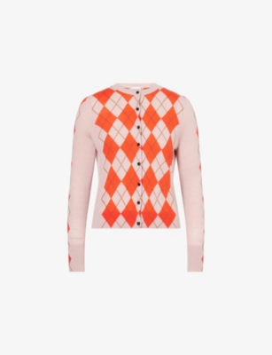 Me And Em And Em Womens Smoke Pink/poppy Red Argyle Knit Merino Wool-blend Cardigan In Neutral