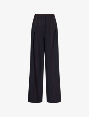 Me And Em And Em Womens Navy Contrast-stitch Wide-leg Wool-blend Trousers In Blue