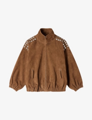 Sandro Womens Camel Studded Relaxed-fit Suede Jacket In Brown
