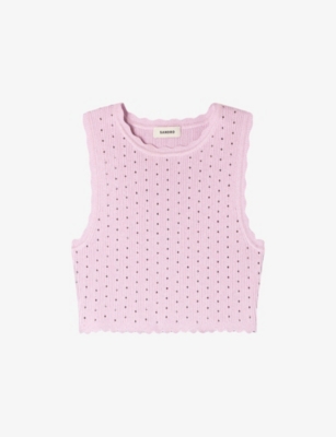 Sandro Womens Mauve Rhinestone-embellished Cropped Knitted Top In Purple